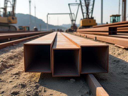 Fabricated steel beams on a construction site.